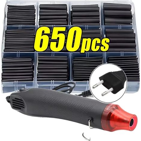 Tubo termorretráctil, resistente al calor, con aislamiento eléctrico, tamaños surtidos, 650 piezas con pistola EU (1/2)