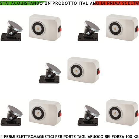 BLOCCAPORTA MAGNETETICO BIANCO 5 PEZZI PORTE TAGLIAFUOCO REI FORZA DI TRAZIONE 100 KG ANTINCENDIO ALIMENTAZIONE 22/28 VCC