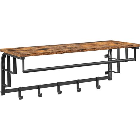 Vasagle – Porte-manteau mural avec étagère 80x30cm – 5 crochets en acier – Capacité 33kg – Marron rustique et noir – LCR102B01