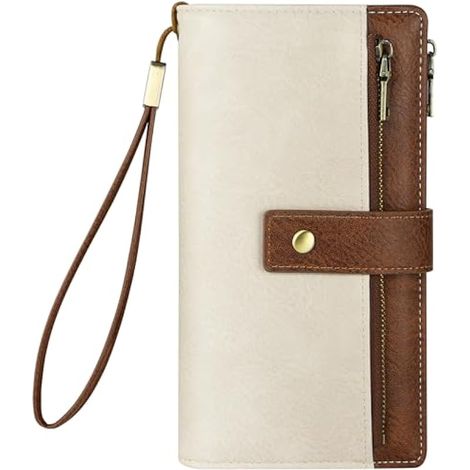 Portefeuille Femme Anti-RFID, Sac Long Clutch en Cuir PU, 24 Porte-Cartes, 5 Compartiments, 2 Pochettes à Monnaie à Fermeture Éclair, 2 Fenêtres ID, Dragonne Détachable, Marron & Blanc