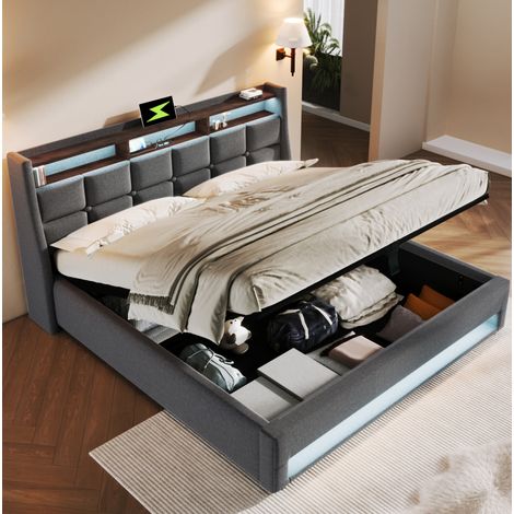 Cama con espacio de almacenamiento tapizada en lino gris 160x200 cm con LED, USB y somier de láminas incluido (1/5)
