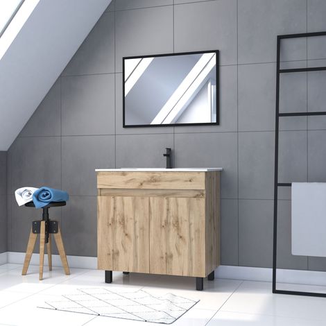 Mueble de baño 80cm 2 Puertas Acabado Roble - Lavabo Blanco+ Espejo - TIMBER 80 - Pack25 (1/5)