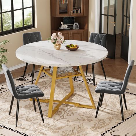 Runder Esstisch mit Metallbeinen in Schwarz-Weiß,stilvoll im marmorierten Design,ideal für Küche und Esszimmer,elegant und funktional. (1/5)