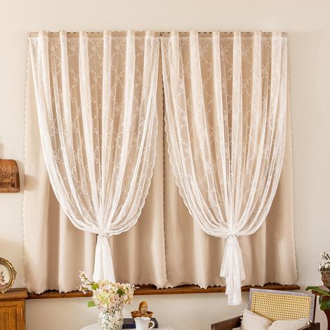 Rideau occultant double couche voilage beige 1.3x1.8m protection privée (1/5)