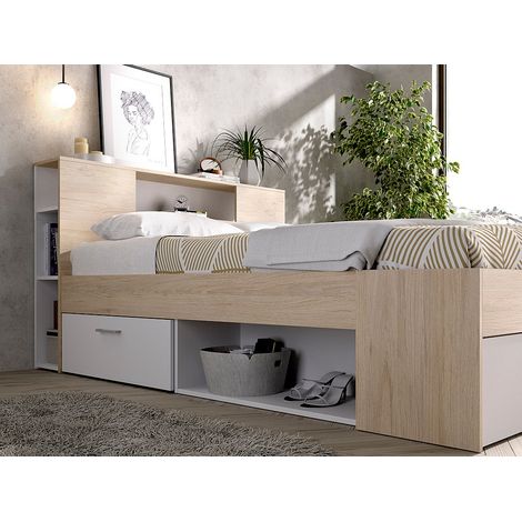 Lit avec tête de lit rangements et tiroirs - 140 x 190 cm - Coloris : Naturel et blanc + Sommier - LEANDRE (1/4)