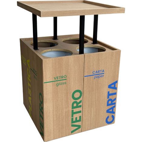 Porta Rifiuti per Raccolta Differenziata in Legno – Mobile con Svuota Vassoi – 4 Scomparti con Cestini in Acciaio Inox Estraibili – 70x70x110 cm