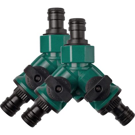Set di 2 connettori a due vie per tubo flessibile con valvola di intercettazione - Attacco rapido - Tubo da giardino - Raccordo per tubo da giardino - Per rubinetto da 3/4" (1/5)