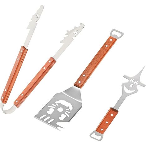 lot d Ustensiles pour Barbecue 3 Pièces en Acier Inoxydable avec Poignées en Bois Accessoires BBQ avec spatule Pince et Fourchette pour Camping 32 cm (1/4)