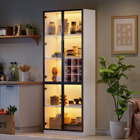 Vitrine en verre avec éclairage LED — Design à double porte, étagères réglables  idéale comme vitrine haute de salon, meuble d'exposition autoportant ou meuble de rangement pour salle de bain.