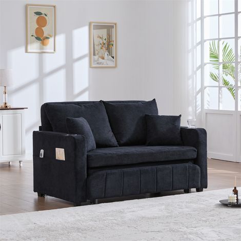 Canapé Convertible - 139x73x83cm - Lit Pliant d'Appoint avec USB Porte-gobelet et Poches de Rangement - Chenille Douce Noir (1/5)