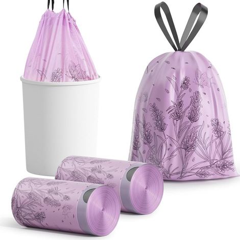 Lot de 100 sacs poubelle épais parfumés à la lavande - Petits sacs poubelle avec cordon de serrage - Portables - Indéchirables et étanches - Pas de déchirure nécessaire - Pour salon, cuisine, bureau (1/4)
