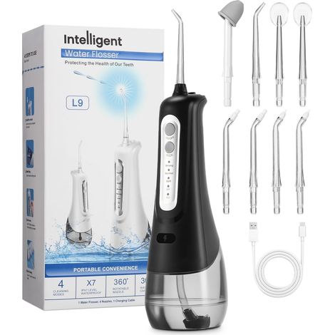 Hydropulseur dentaire électrique sans fil, 4 modes, 9 buses, rechargeable par USB-C, IPX7, réservoir d'eau de 300 ml, nettoyeur de bouche, hydropulseur pour le nettoyage en voyage (1/5)