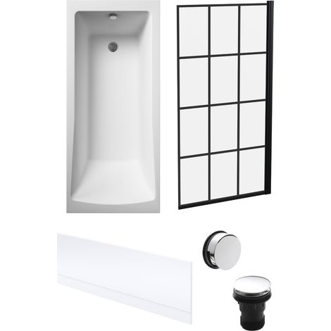 Square Single Ended 1700x700 with Front Bath Panel, Black Square Framed Screen & Chrome Waste