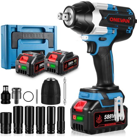 ONEVAN Llave de Impacto Inalámbrica 1000Nm , 3 velocidades,1/2" Pistola de Impacto Electrica con dos baterías de 3,0 Ah y 12 accesorios - azul (1/5)
