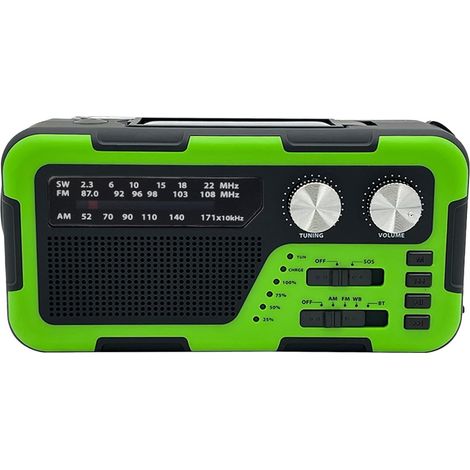 Radio rechargeable solaire avec manivelle  Radio météo de survie étanche, haut-parleur sans fil et lampe LED pour camping, randonnée et cadeaux famille