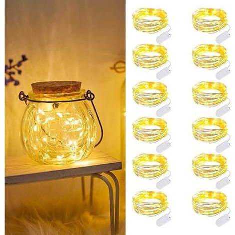 Set mit 12 batteriebetriebenen Lichterketten, 2 m lange Lichterkette mit 20 LEDs, wasserdichte Mini-LED-Lichterkette für Flaschen, Hochzeiten, Partys
