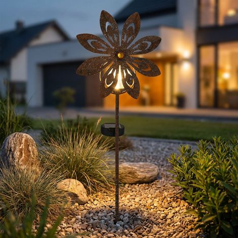 Gartendeko LED Solarlampe Windrad Terrassenlampe rostfarben Außenlampe Erdspieß, Metall gelb, Bruchglas, warmweiß, LxH 20x50 cm