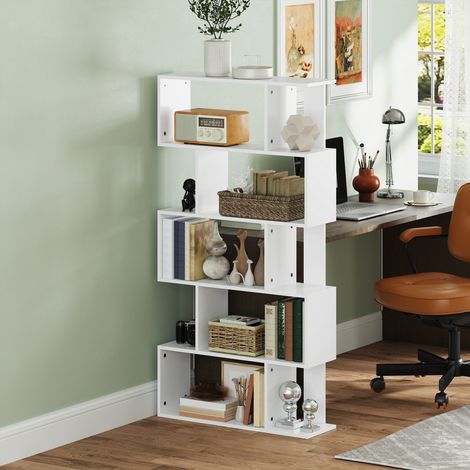 Asymmetrisches, S-förmiges Bücherregal mit 5 Ebenen, 10 offenen Fächern und Kippsicherungen, modernes Spanplatten-Bücherregal für Wohnzimmer, Büro und Schlafzimmer, 80 x 24 x 159 cm, Weiß