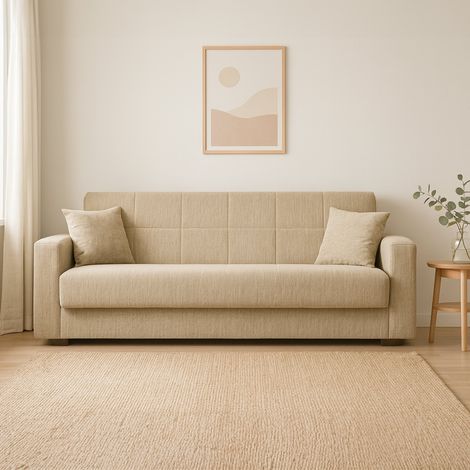 Dmora - Sofá cama Dlunett, Sofá cama contenedor lineal 3 plazas, Sofá de salón en tela acolchada con apertura clic-clac, 212x80h87 cm, Azul (1/5)