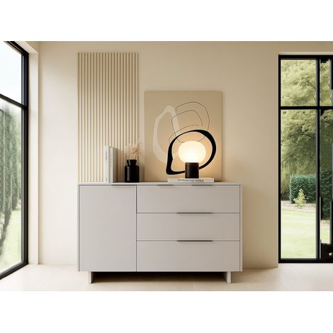 Aparador Rubiera, Aparador de salón con una puerta abatible y tres cajones, elevado del suelo, 120x42 h90 cm, Beige (1/4)