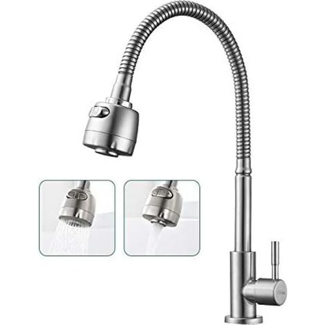 Robinet de cuisine pivotant à 360° avec flexible à ressort, mitigeur d'évier, bec à double fonction, robinet d'eau froide unique, acier inoxydable brossé. (1/5)