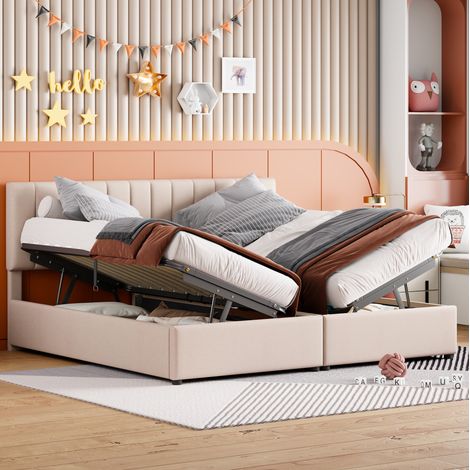 Polsterbett 180x200 cm aus Leinen in Beige mit hydraulischem Stauraum und verstellbarem Kopfteil (1/5)