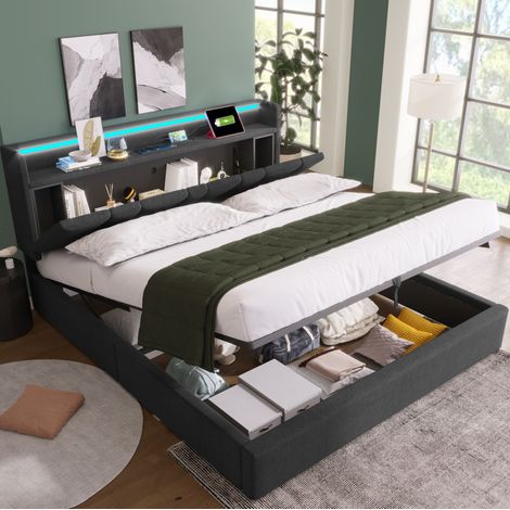 Cama tapizada de lino gris 160x200 cm con almacenaje, LED RGBW, USB y somier de láminas incluido (1/5)