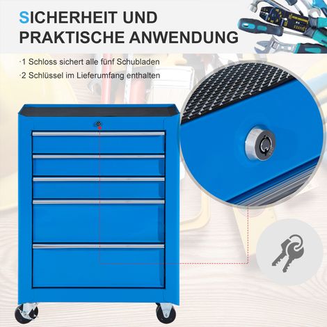 Armoire à outils sur roulettes, 5 tiroirs, en acier bleu, coffre à outils mobile