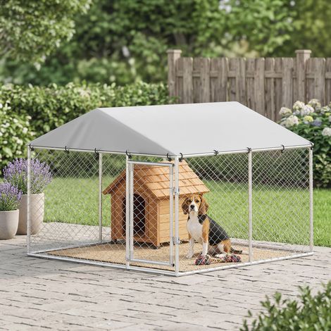 Enclos extérieur pour chien en acier galvanisé avec toit en polyéthylène. Résistant aux UV. Imperméable. Double verrouillage. Argenté.