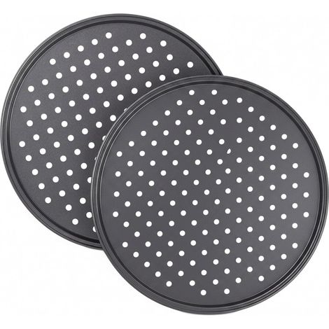 Lot de 2 moules à pizza ronds perforés antiadhésifs en acier carbone Gris 32 cm
