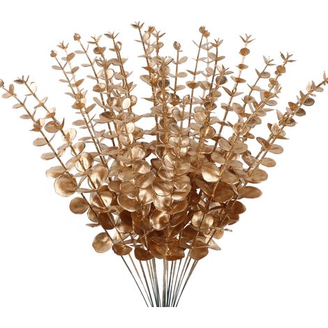 24 künstliche Grünpflanzen, Blumenarrangement aus einzelnen Eukalyptusblättern, künstliche Blumendekoration für den Innenbereich (Gold - Einzelner Eukalyptus 030) (1/2)