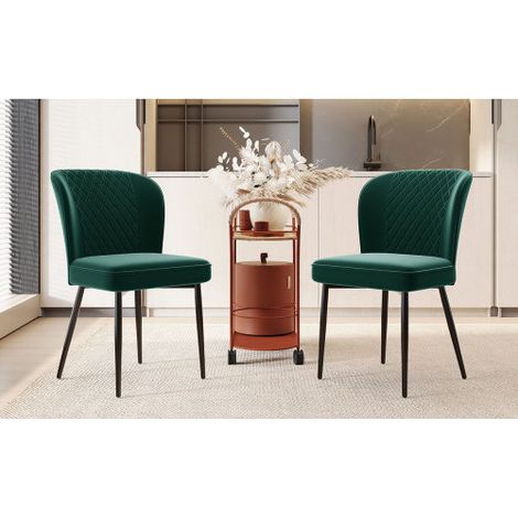 Chaises de salle à manger (Lot de 2), Vert foncé — Chaises de designer rembourrées, dotées d'un dossier, d'une assise en velours et d'une structure en métal. (1/4)
