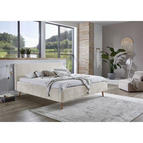 Meise Möbel Polsterbett Mattis 180x200 cm Doppelbett Bettgestell skandinavisches Kopfteil Strukturstoff Beige Holzfuß eichefarbig (1/5)