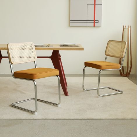 Esszimmerstuhl aus Chrom und Rattan, Orange, stapelbar, moderner Stil, Samt-Sitz,53×46.4×84.6cm (1/5)