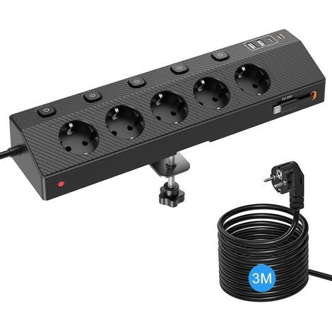 Desktop Power Strip with Clamp, 5 AC Outlets, 5 USB Ports, Individual Switches, 3M Cable for Home (1/5)