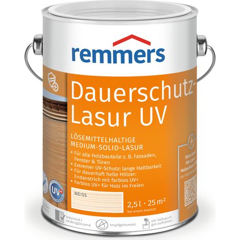 Remmers Dauerschutz-Lasur UV weiß, 2,5 Liter, Holz UV-Schutz für außen, auch für helle Farbtöne und farblos UV+, blockfest, wetterbeständig