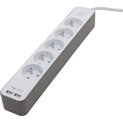 CHACON Bloc multiprise 5 prises 16 A avec 2 ports USB et cable 1,5 m HO5VV-F 3x1,5 mm2 blanc et brun (1/5)
