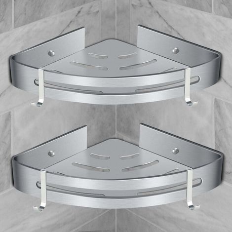 Estante de ducha de esquina, estante de baño, cesta de almacenamiento de ducha sin perforaciones, estante de ducha de aluminio montado en la pared, caja de almacenamiento de dos piezas, plateado (2 pi (1/4)