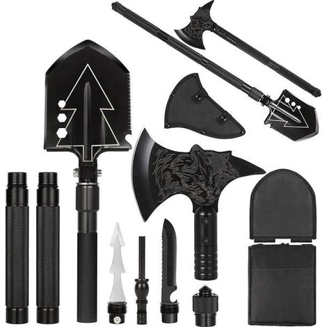 Ensemble hache et pelle de camping - Kit de survie multifonction portable et pliable avec sac banane tactique, hache de camping, pelle militaire, idéal pour la randonnée. (1/4)