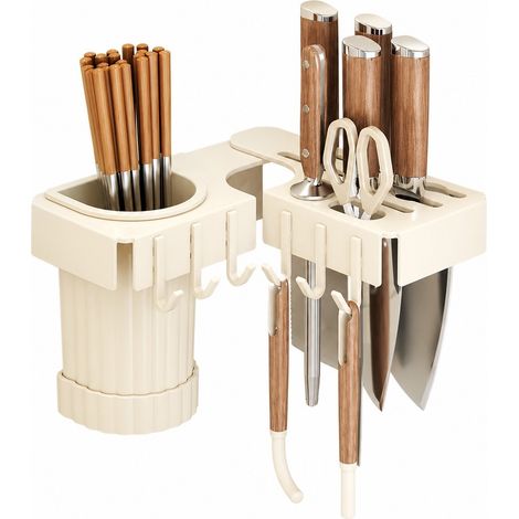 Porte-couteaux mural et tube à baguettes, étagère de rangement sans perçage, couleur crème, acier au carbone, pour la cuisine (1/4)