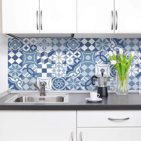 Crédence adhésive cuisine PVC 190x60cm Carreaux de ciment bleu Rouleau adhesif decoratif avec encre non toxique, ignifuge et résistant à l'eau (1/5)