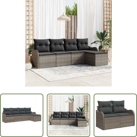 vidaXL Canapé extérieur gris - Ensemble de canapé de jardin avec coussin 5 pcs Gris Poly rotin (1/5)