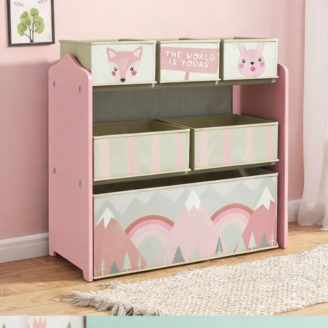 Étagère de rangement enfant en bois avec 6 boîtes en tissu rose (1/5)