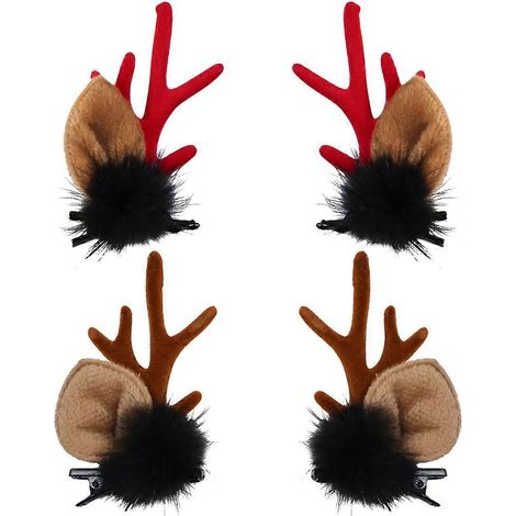 2 paires de pinces à cheveux adorables en peluche noire, en forme de bois de renne, pour une fête de Noël (bois rouges, bois bruns)-4.5X8.5cm (1/3)