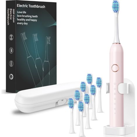Brosse à dent électrique doux à ultrasons 5 modes de nettoyage 8 brossettes avec support et étui de voyage Rose (1/5)