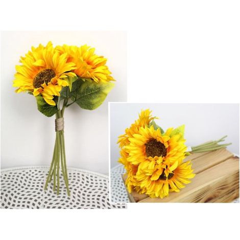 6 tournesols artificiels - Fleurs en soie - Fleurs décoratives - Hauteur 34 cm - Diamètre 13 cm - Fleurs artificielles pour décoration intérieure et extérieure