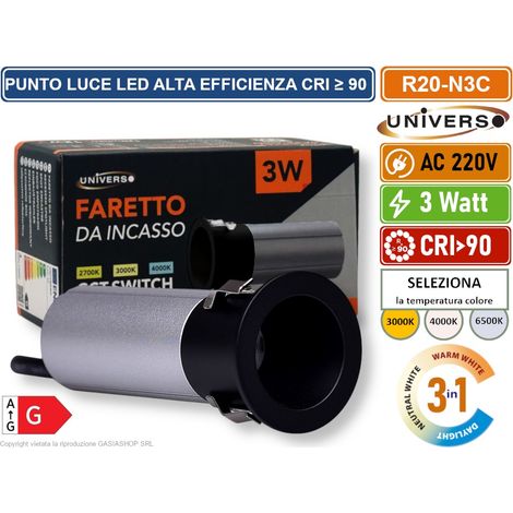 UNIVERSO R20-N3C FARO FARETTO LED PUNTO LUCE SPOT LIGHT ROTONDO COLORE NERO ARGENTO DA INCASSO 3W CCT SWITCH TEMPERATURA COLORE SELEZIONABILE (1/5)