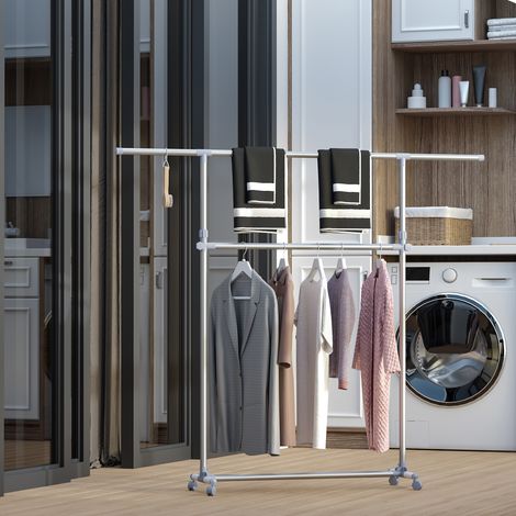 Stender Appendiabiti con Altezza ed Estensione Regolabili, 4 Ruote Girevoli, Acciaio Inox e ABS, 165x48x180cm (1/5)