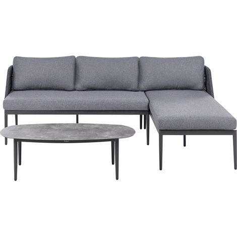 3 Seater Lounge Set Grey Left Hand Fabric Aluminium Frame Corner Sofa and Coffee Table Stylish Garden Furniture Patio LEFFE