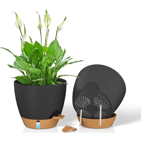 20 cm Pots de Plantes avec Trous de Drainage Soucoupe Jardinières Auto-Irrigantes avec Entrée d'eau Pot de Fleurs en Plastique pour Plantes d'Intérieur et d'Extérieur (Lot de 2, Noir) (1/5)